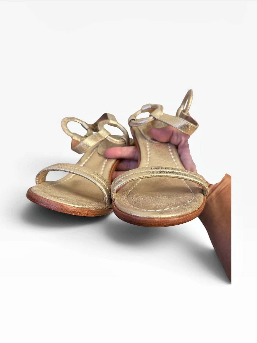 Bernardo Anthropologie Harlow Heeled Sandal Wood Block Gold Leather 9.5 Formal - Picture 8 of 11